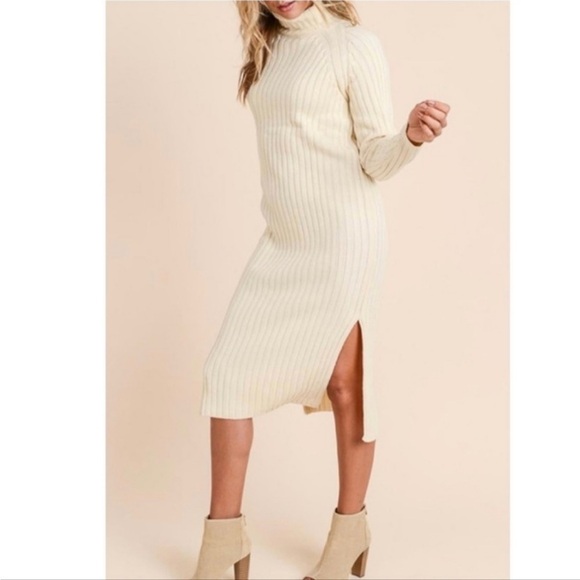 Doe + Rae Turtleneck Sweater Dress Long Sleeves With Side Slits Cream Size Large - Picture 1 of 13